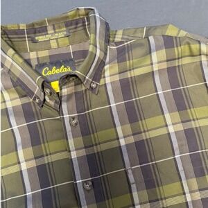 Cabela's Plaid Button Down Mens Large Olive Wrinkle Free